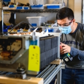 An employee works at the Cummins Fuel Cell & Hydrogen Technology campus in Mississauga, Ontario (Canada).